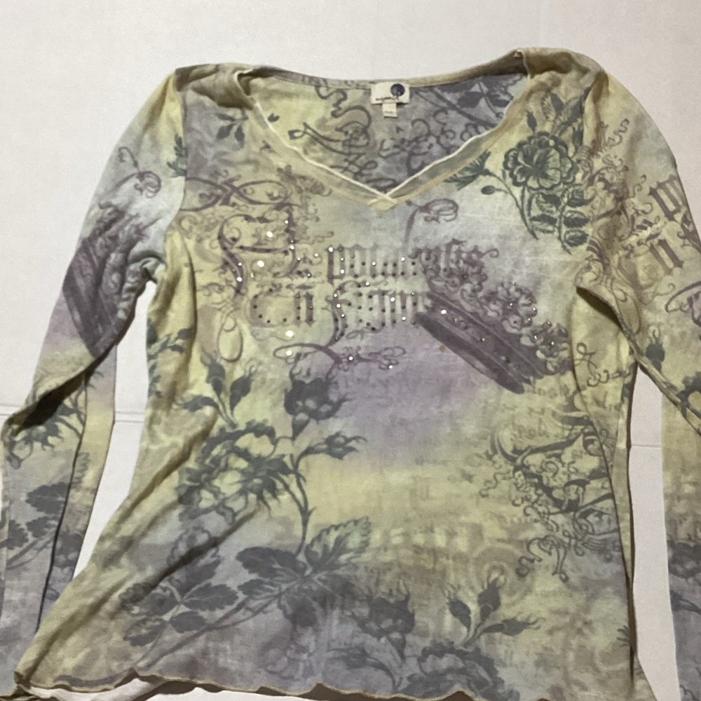 ONE WORLD Green and Gray Floral Long Sleeve Top